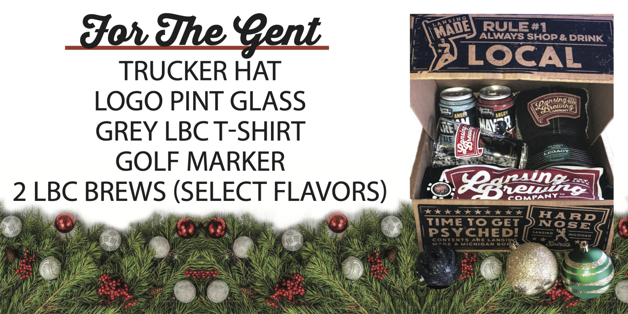 Holiday Gift Boxes at LBC. Trucker hat, pint glass, t-shirt, golf marker, beer