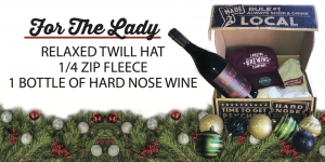 Holiday Gift Boxes at LBC. Twill hat, fleece, bottle of wine.